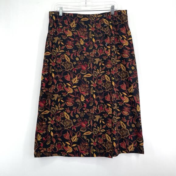 Christopher & Banks Wrap Skirt 14 Black Red Gold Floral Midi Side Button & Top - Picture 1 of 9